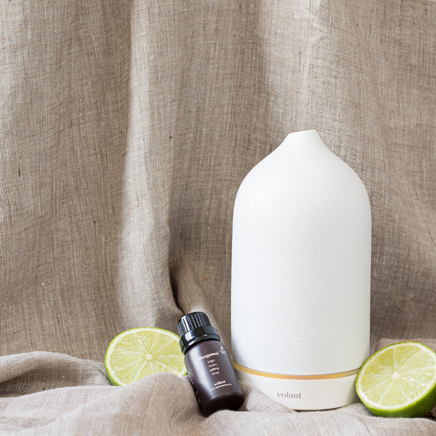 volant white diffuser using organic bergamot essential oil used to alleviate tension and anxiety