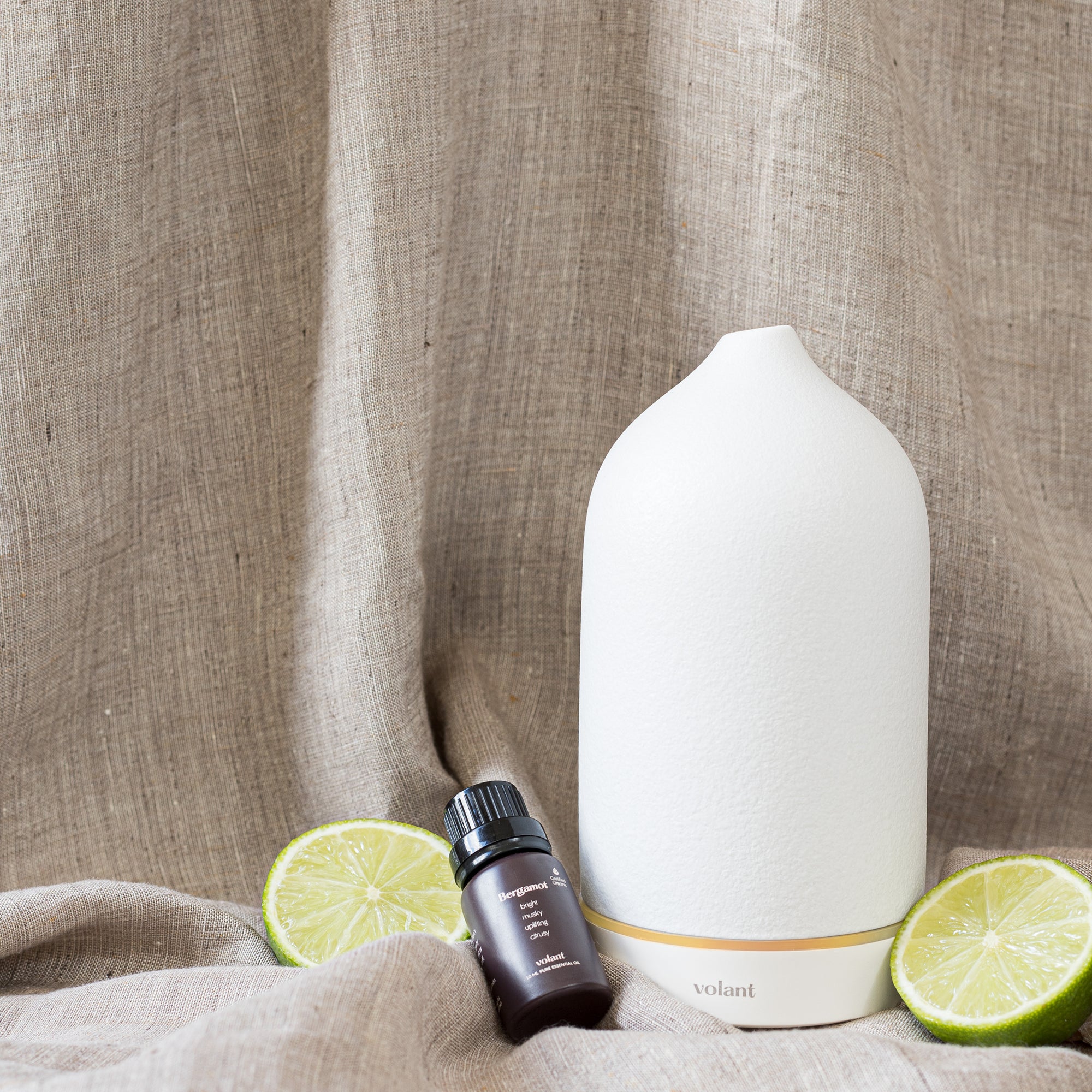 volant white diffuser using organic bergamot essential oil used to alleviate tension and anxiety