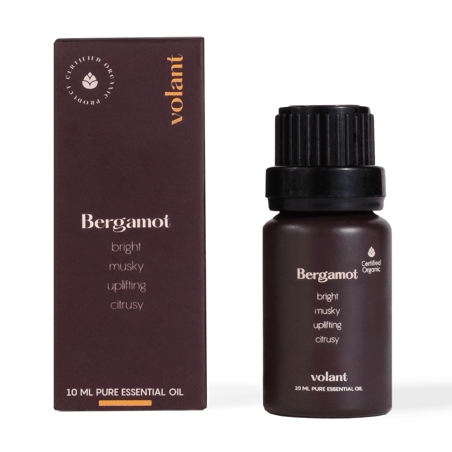 volant organic bergamot essential oil bottle packaging used to alleviate tension and anxiety
