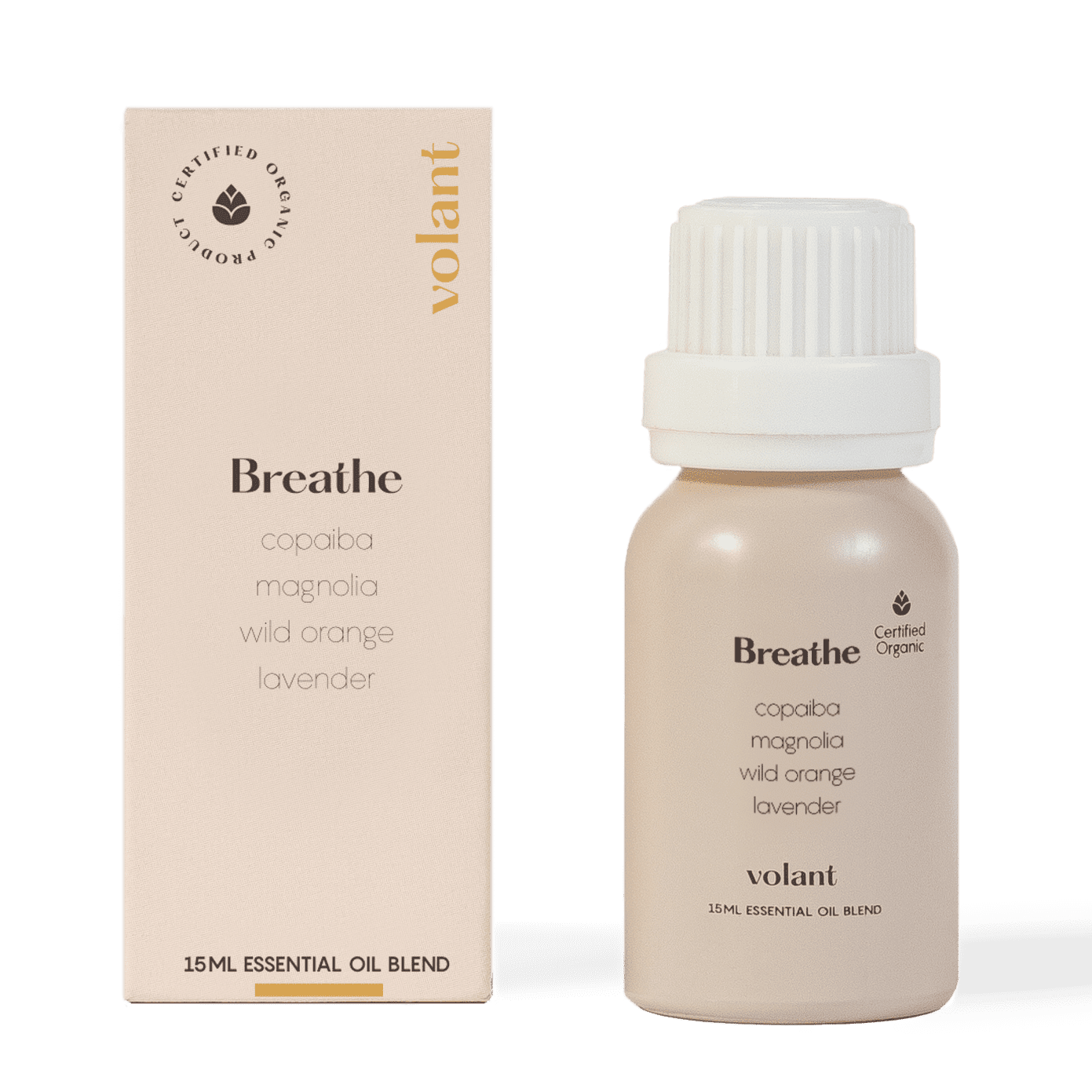 volant breathe essential oil blend bottle packaging made with pure Wild Orange, Lavender, Copaiba, and Magnolia