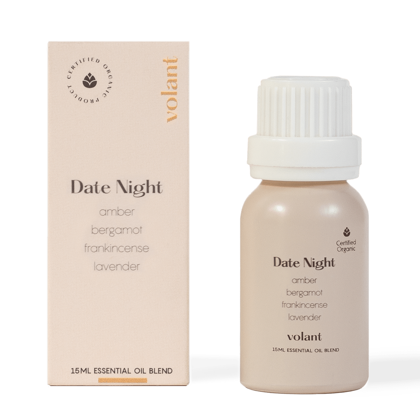 volant date night essential oil blend bottle packaging made with pure Amber, Lavender, Frankincense and Bergamot