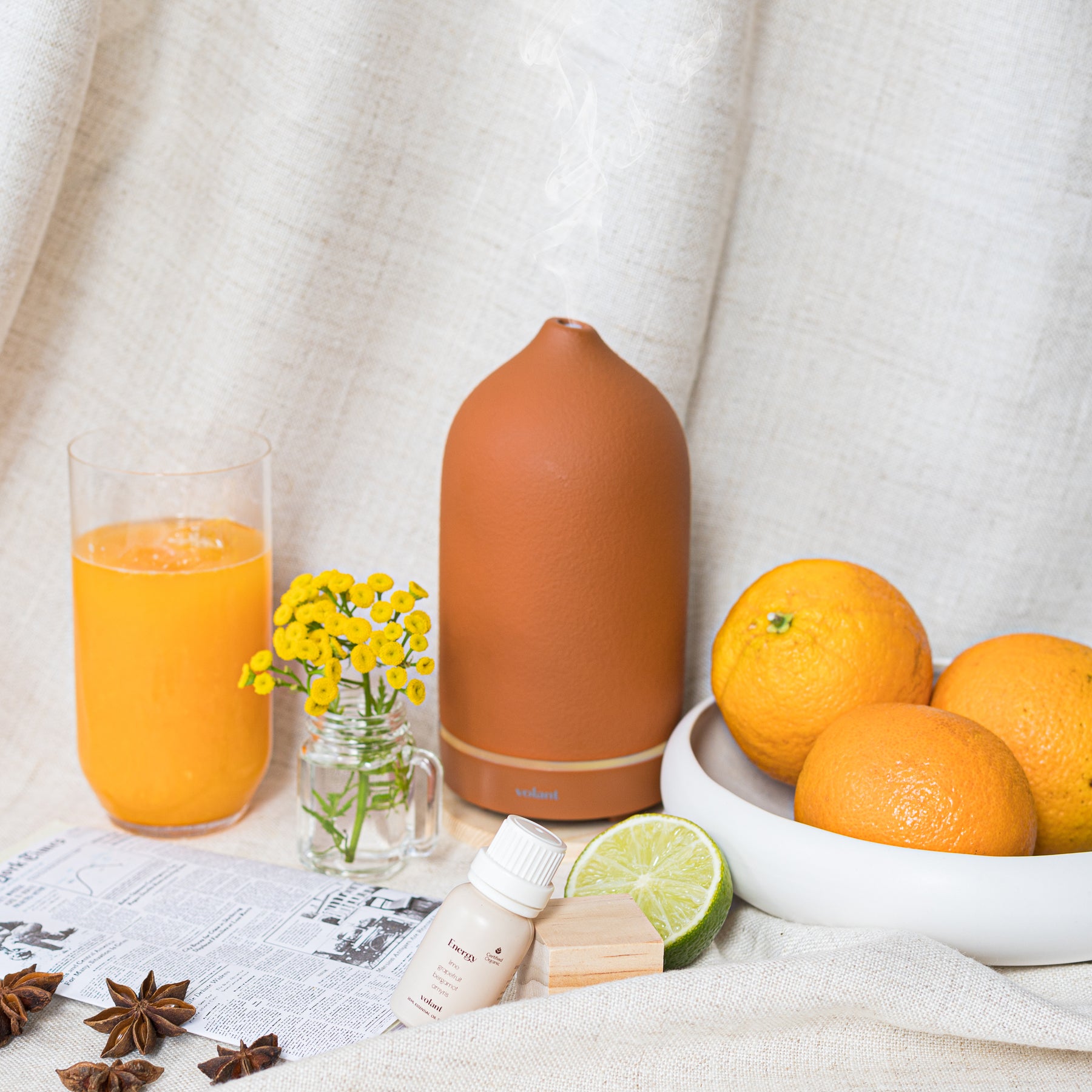 volant clay diffuser using energy essential oil blend made with pure Grapefruit, Lime, Bergamot and Amyris