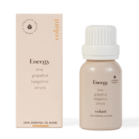 volant energy essential oil blend bottle packaging made with pure Grapefruit, Lime, Bergamot and Amyris