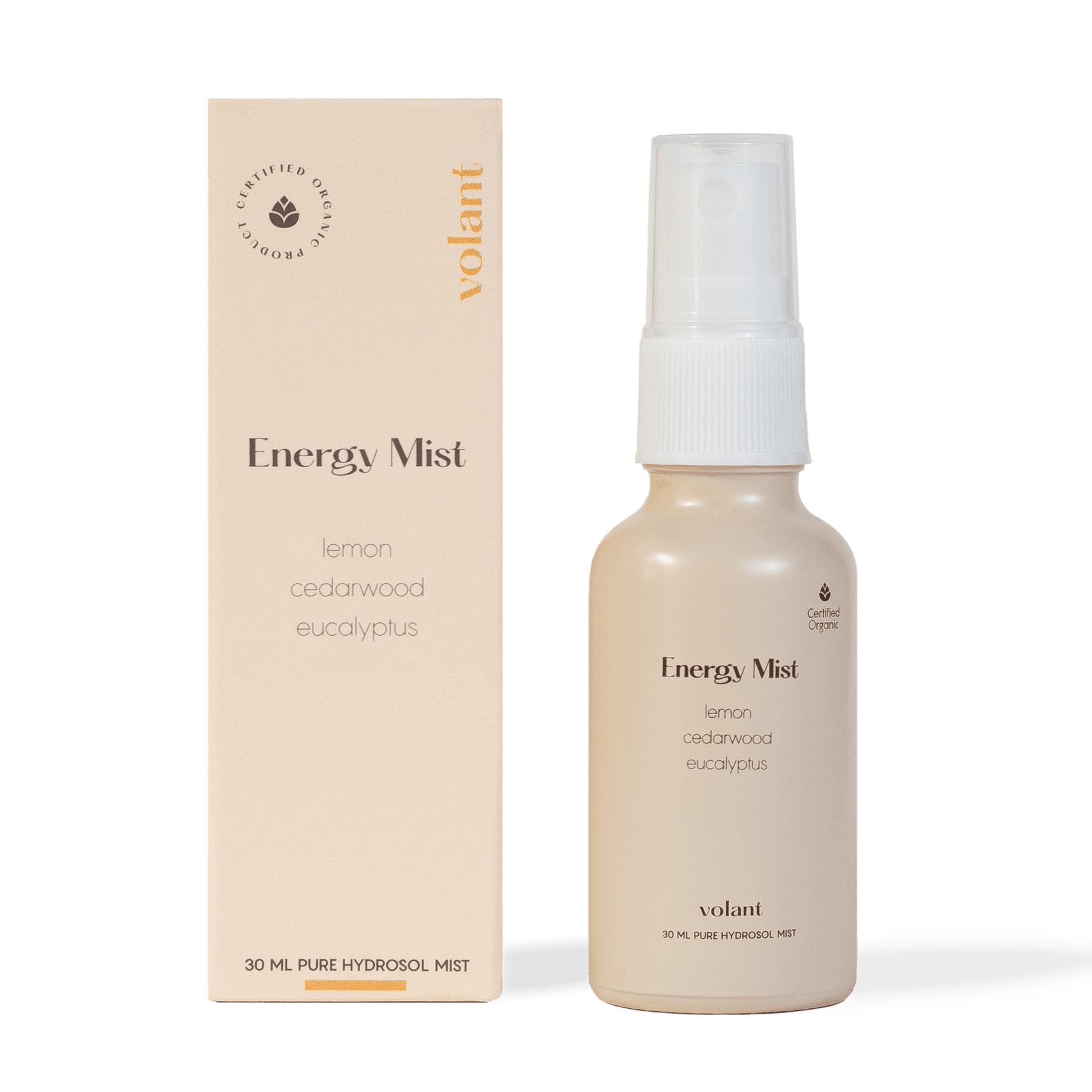 volant energy mist flaske og emballage. En energigivende blanding skabt af de æteriske olier citron, cedertræ og et strejf af eukalyptus.