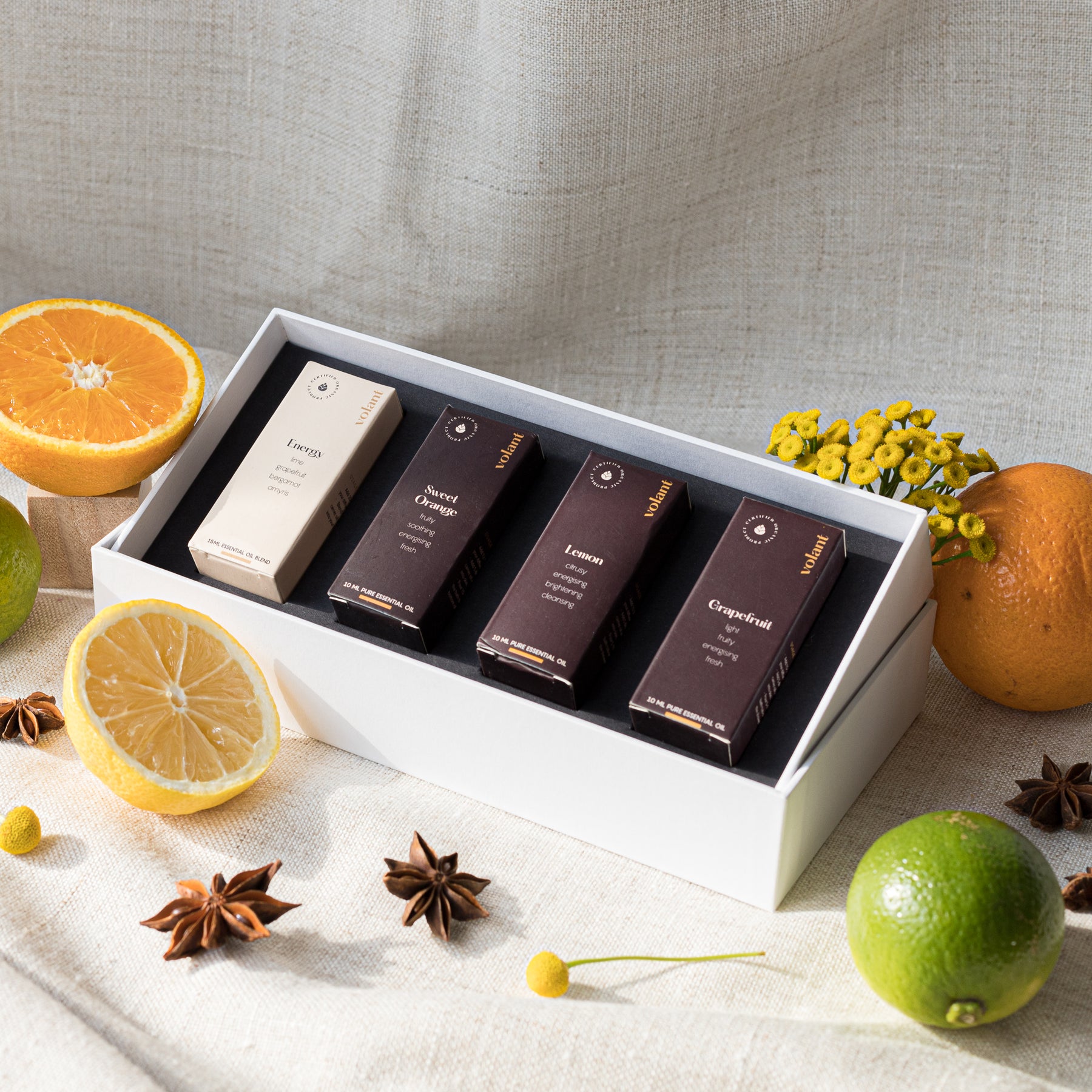 volant citrus boost essential oil set packaging. Filled with all your citrusy favourites: Sweet Orange, Grapefruit, Lemon, and our bestseller Energy.