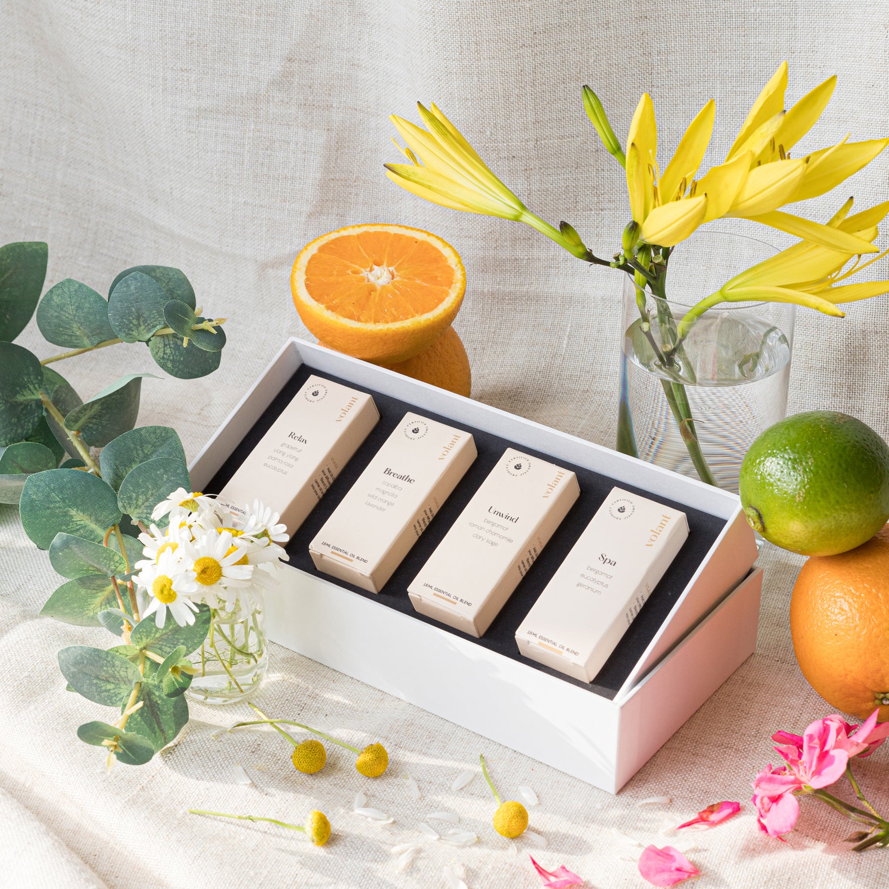 volant relaxing set packaging. filled with our top calming essential oils. Relax, Breathe, Unwind and Spa