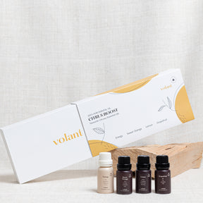volant citrus boost essential oil set bottles and packaging. Filled with all your citrusy favourites: Sweet Orange, Grapefruit, Lemon, and our bestseller Energy. 