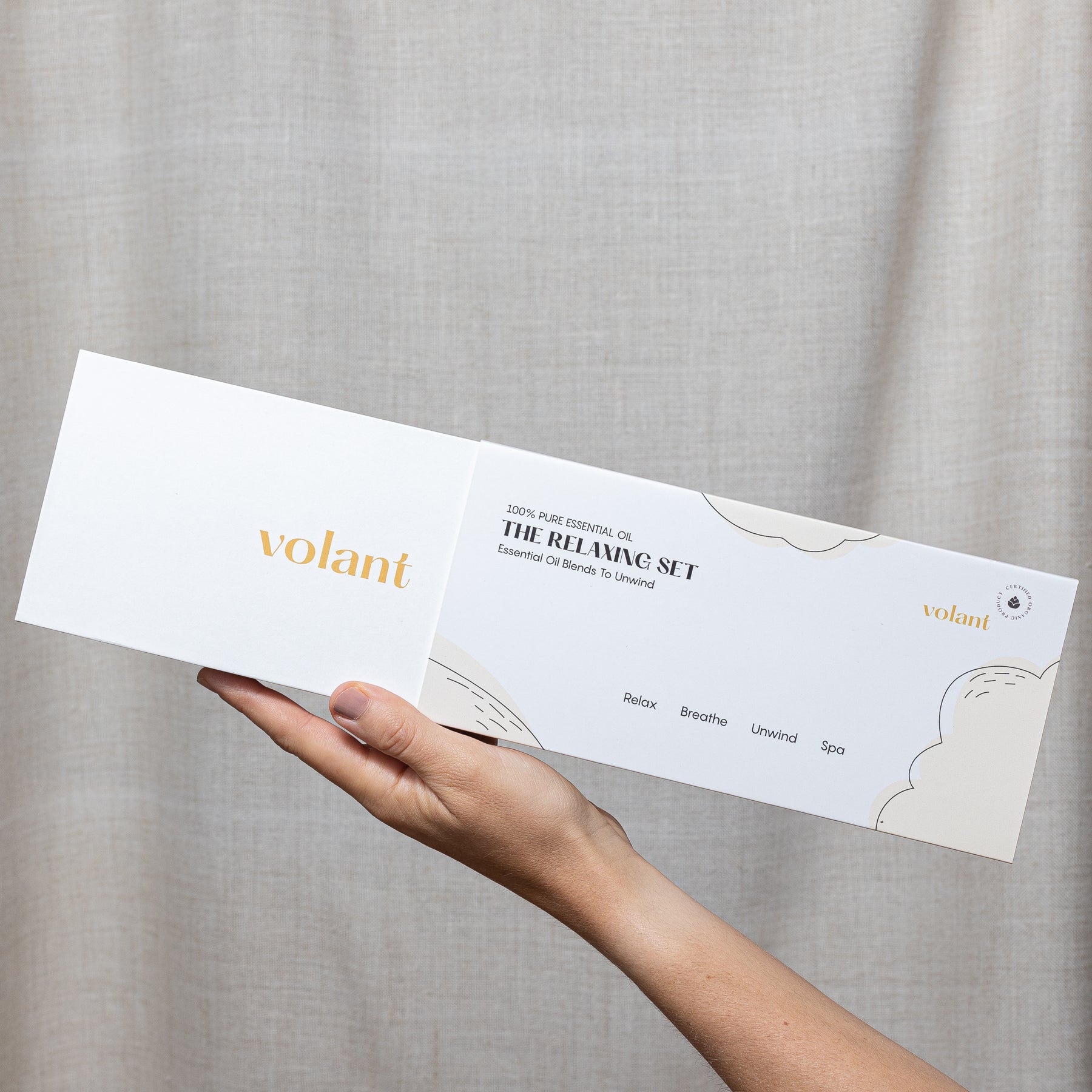 volant relaxing oil set packaging box. Filled with our top calming essential oils. Relax, Breathe, Unwind and Spa