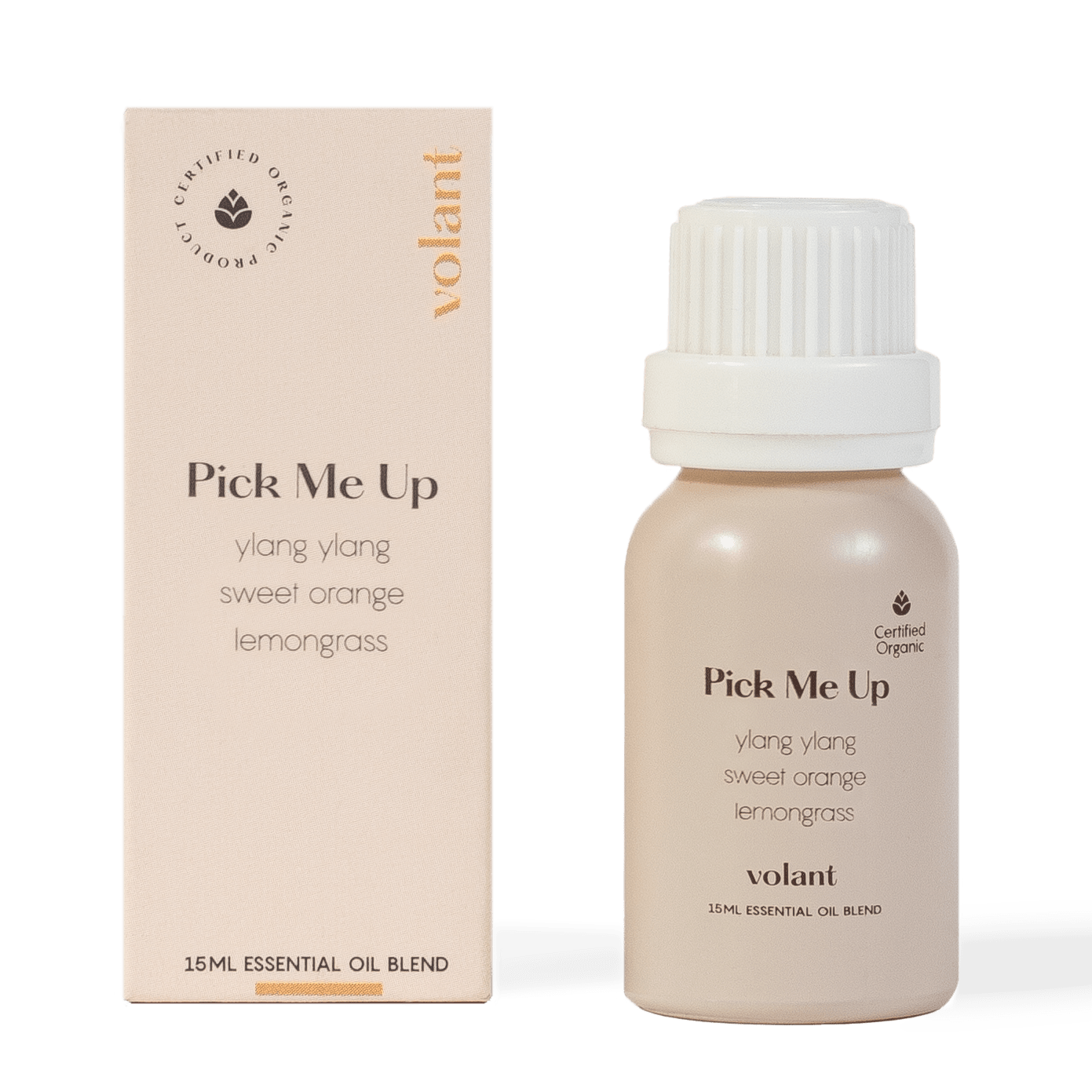 volant pick me up essential oil blend bottle packaging made with pure Sweet Orange, Lemongrass, and Ylang Ylang