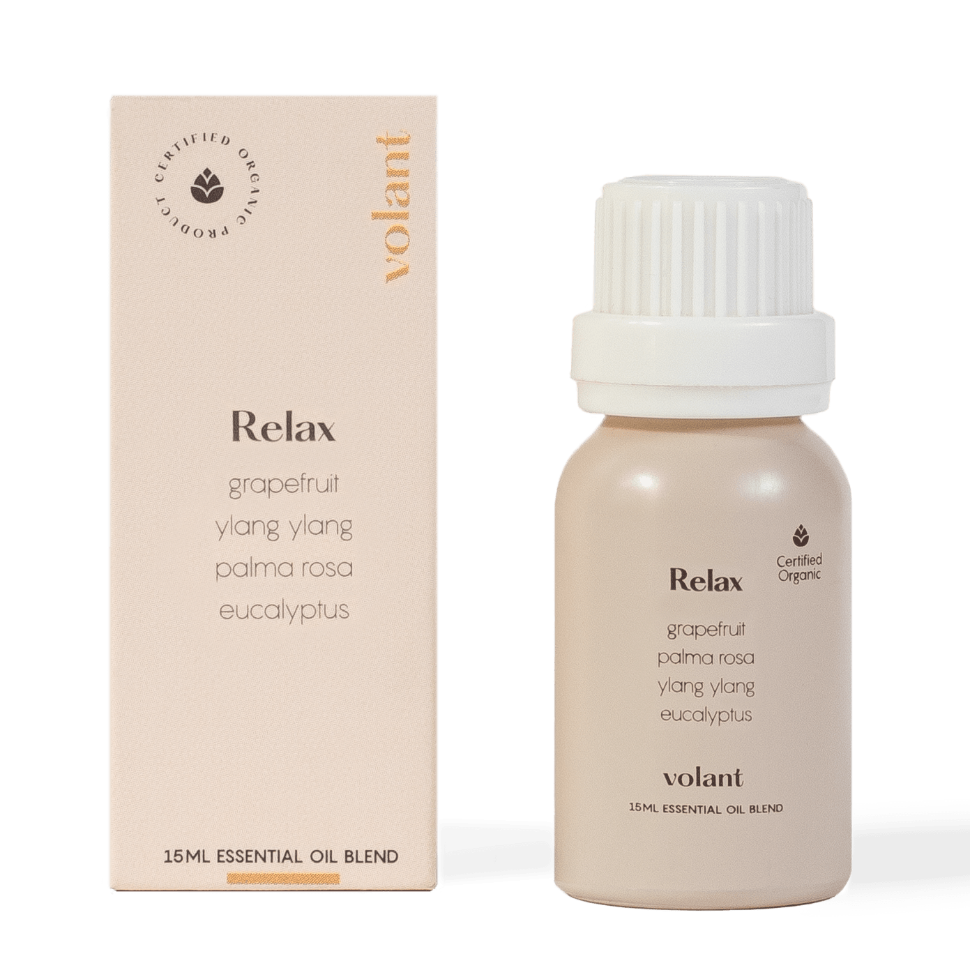 volant relax eterisk oljeblandning flaskförpackning gjord av ren Palma Rosa, Ylang Ylang, Eucalyptus och Grapefrukt