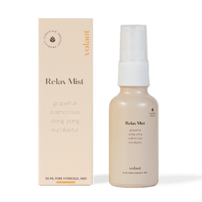 volant relax mist bottle and packaging. A calming blend created from the essential oils; palma rosa, ylang ylang, eucalyptus and grapefruit.