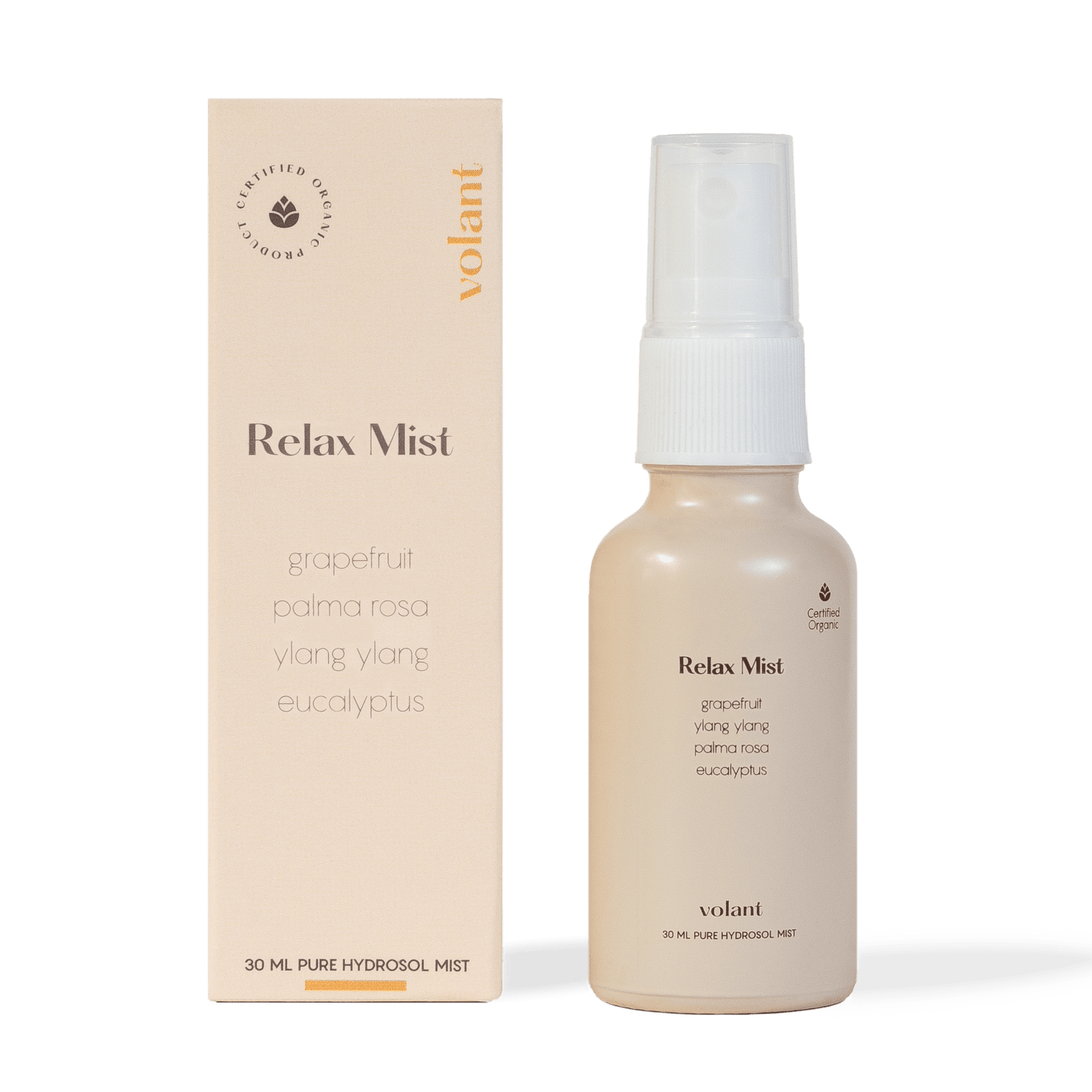 volant relax mist flaska och förpackning. En lugnande blandning av de eteriska oljorna palma rosa, ylang ylang, eukalyptus och grapefrukt.