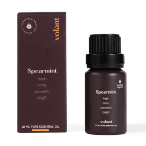 volant organic spearmint essential oil bottle packaging for ailments such as skin problems, headaches, nausea, vomiting, respiratory issues, and cold symptoms