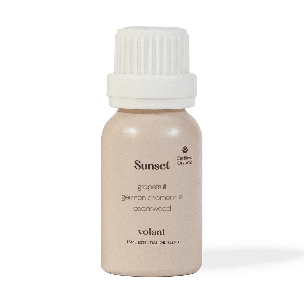 volant sunset essential oil blend bottle. Made from pure Cedarwood, German Chamomile and Grapefruit, it is inspired by dreaming, sunsets, and refreshing breezes.