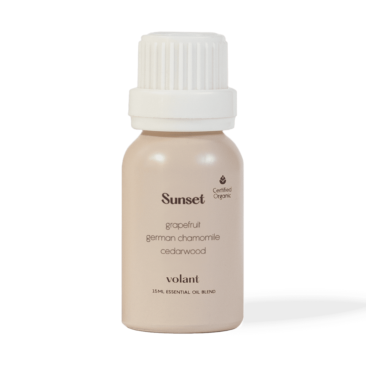 volant sunset æterisk olieblandingsflaske. Den er lavet af ren cedertræ, tysk kamille og grapefrugt og er inspireret af drømme, solnedgange og forfriskende briser.