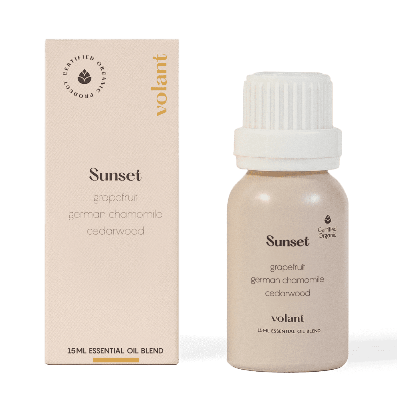 volant sunset æterisk olieblanding flaskeemballage. Den er lavet af ren cedertræ, tysk kamille og grapefrugt og er inspireret af drømme, solnedgange og forfriskende briser.