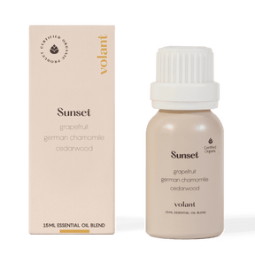volant sunset essential oil blend bottle packaging. Made from pure Cedarwood, German Chamomile and Grapefruit, it is inspired by dreaming, sunsets, and refreshing breezes. 