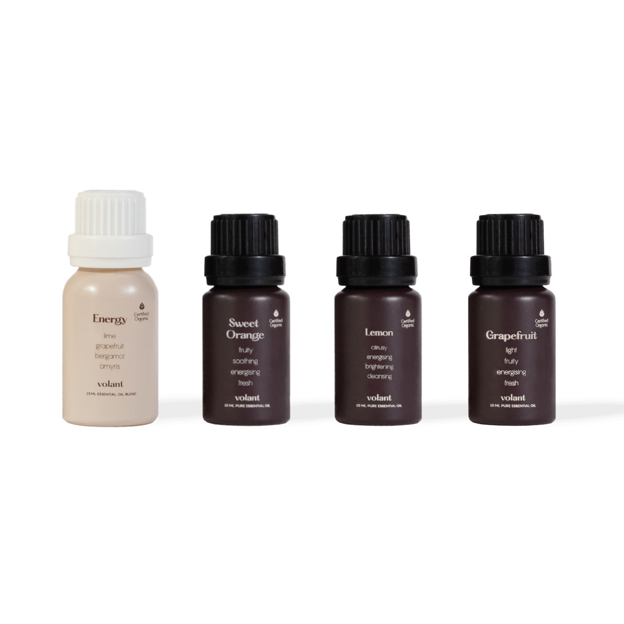 volant citrus boost essential oil set bottles. Filled with all your citrusy favourites: Sweet Orange, Grapefruit, Lemon, and our bestseller Energy.
