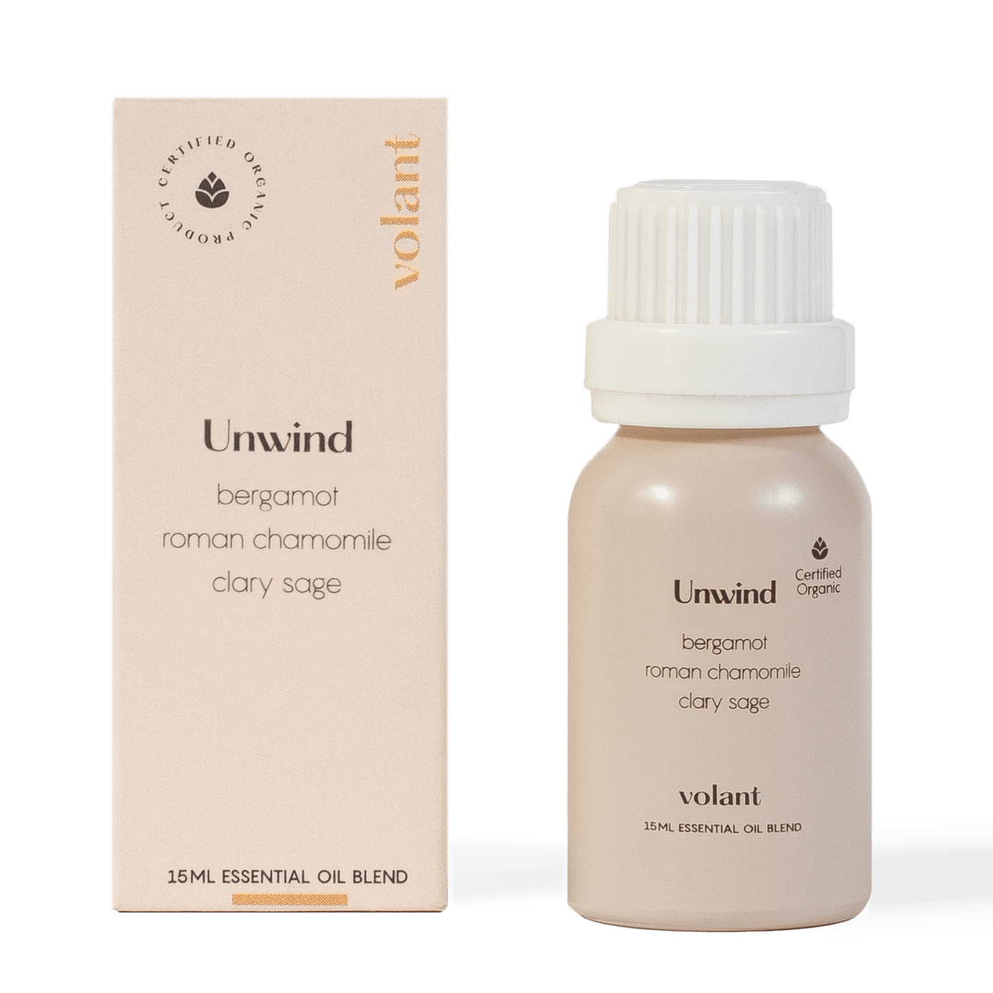 volant unwind æterisk olieblanding flaskeemballage. Det er en blanding af salvie, romersk kamille og bergamot, som er perfekt til slutningen af en travl og stresset dag.