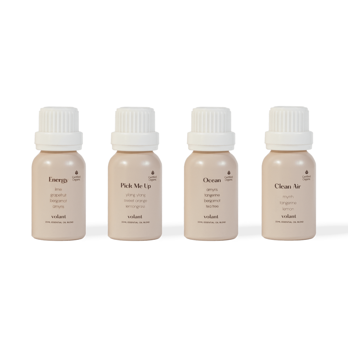 volant Energising Essential Oil Set bottles. Filled with our top energy boosters; Energy, Pick Me Up, Ocean and Clean Air