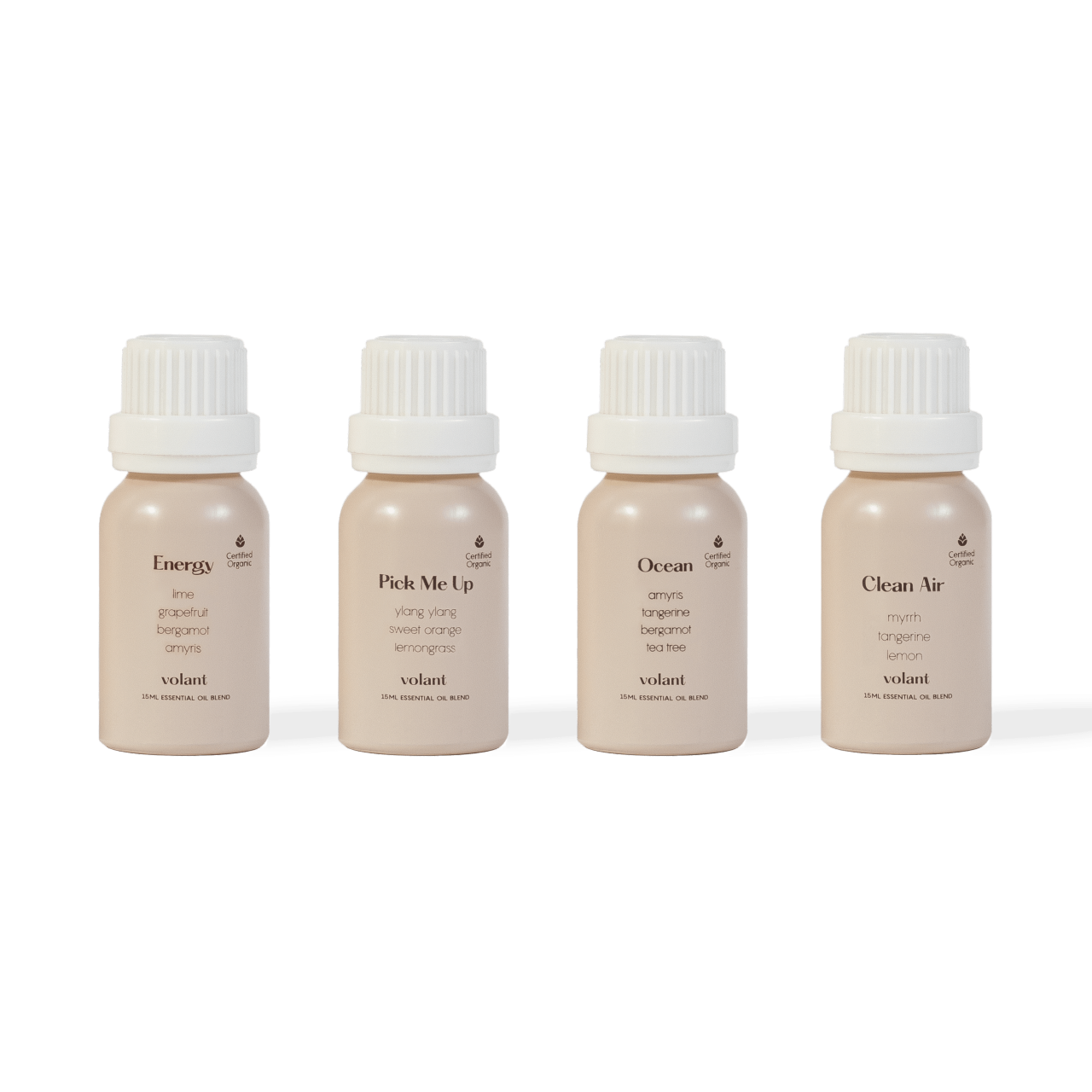 volant Energising Essential Oil Set-flasker. Fyldt med vores bedste energiboostere: Energy, Pick Me Up, Ocean og Clean Air.
