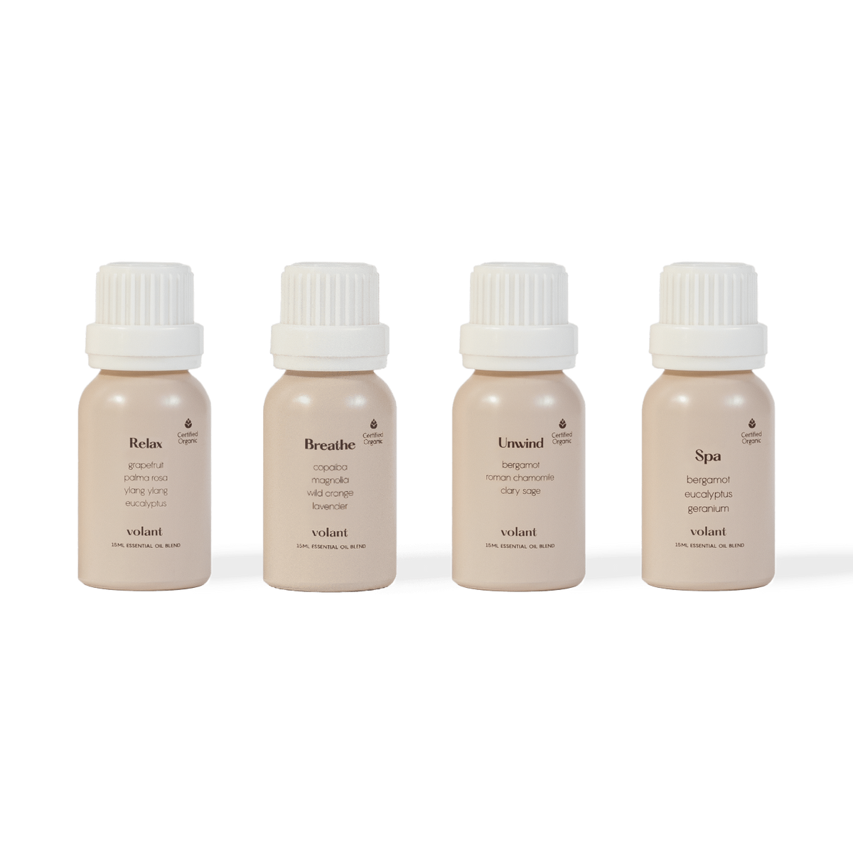 volant relaxing set bottles. Filled with our top calming essential oils. Relax, Breathe, Unwind and Spa