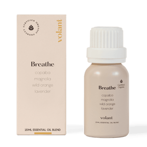 volant breathe essential oil blend bottle packaging made with pure Wild Orange, Lavender, Copaiba, and Magnolia