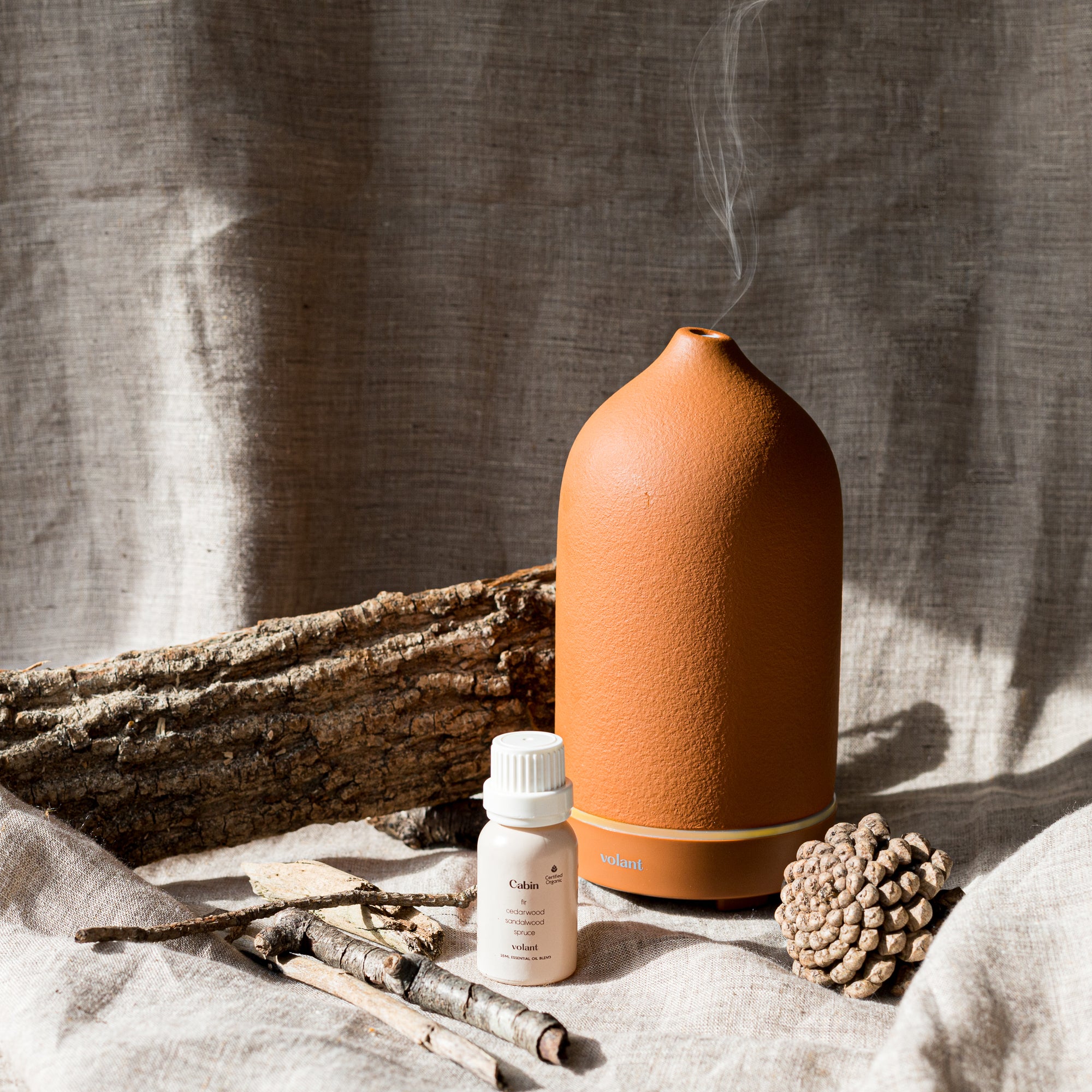 volant clay diffuser using cabin essential oil blend made with fresh Fir, Cedarwood, Spruce, and Sandalwood