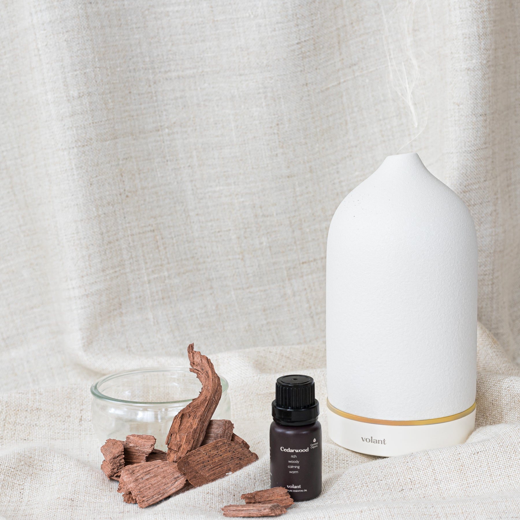 volant white diffuser using organic cedarwood essential oil for home scenting and relaxation