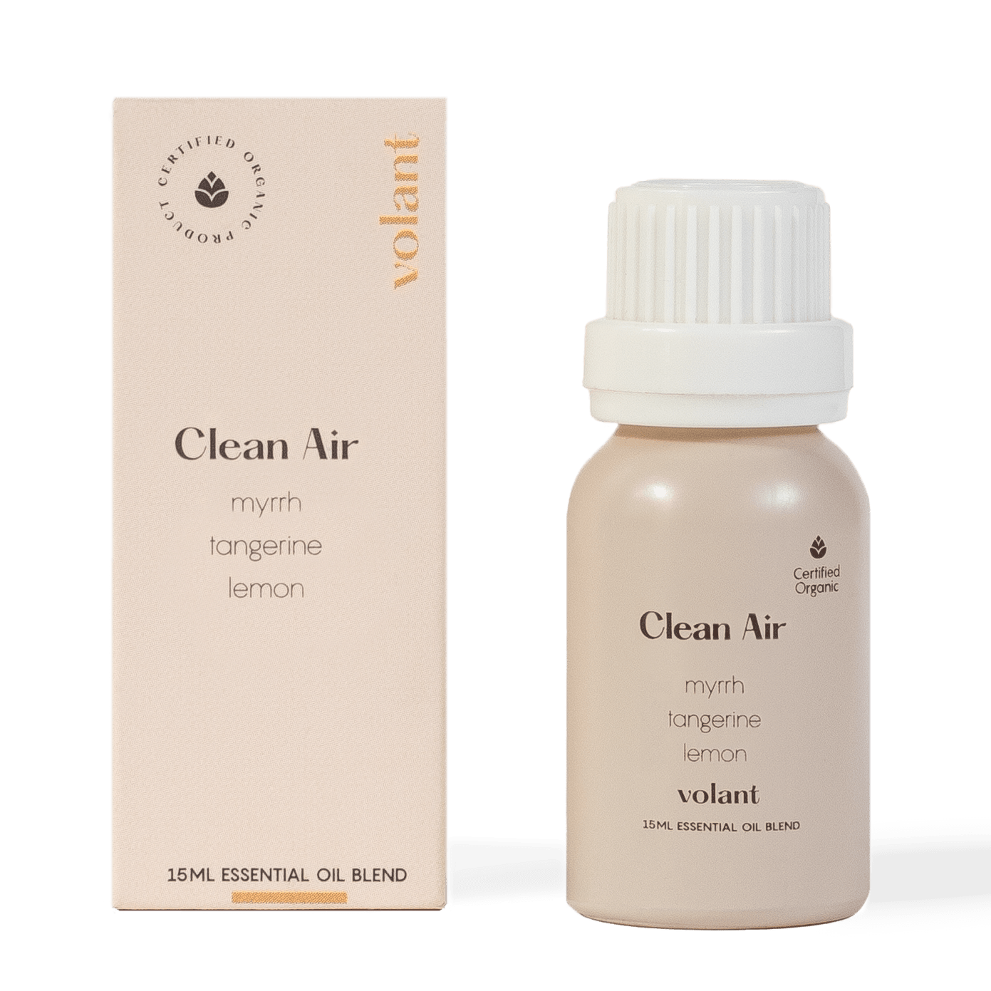 volant clean air essential oil blend bottle packaging made with pure Lemon, Myrrh, and Tangerine