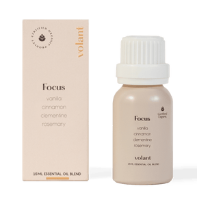 volant focus essential oil blend bottle packaging  made with pure Vanilla Beam, Clementine, Rosemary, and Cinnamon