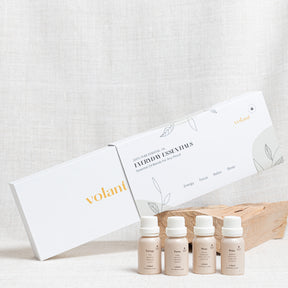 volant Everyday Essential Oil Set packaging and bottles. Bundle of our four most popular blends: Energy, Relax, Sleep and Focus.