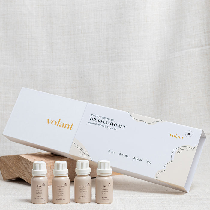 volant relaxing set bottles and packaging. filled with our top calming essential oils. Relax, Breathe, Unwind and Spa 