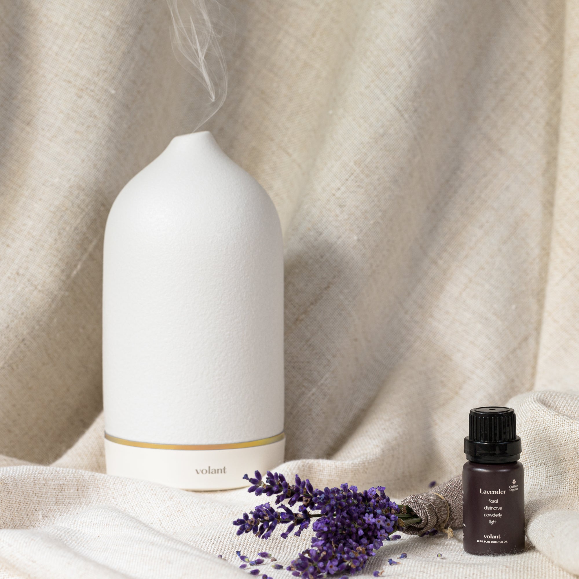 volant white diffuser using organic lavender essential oil promoting relaxation and better sleep