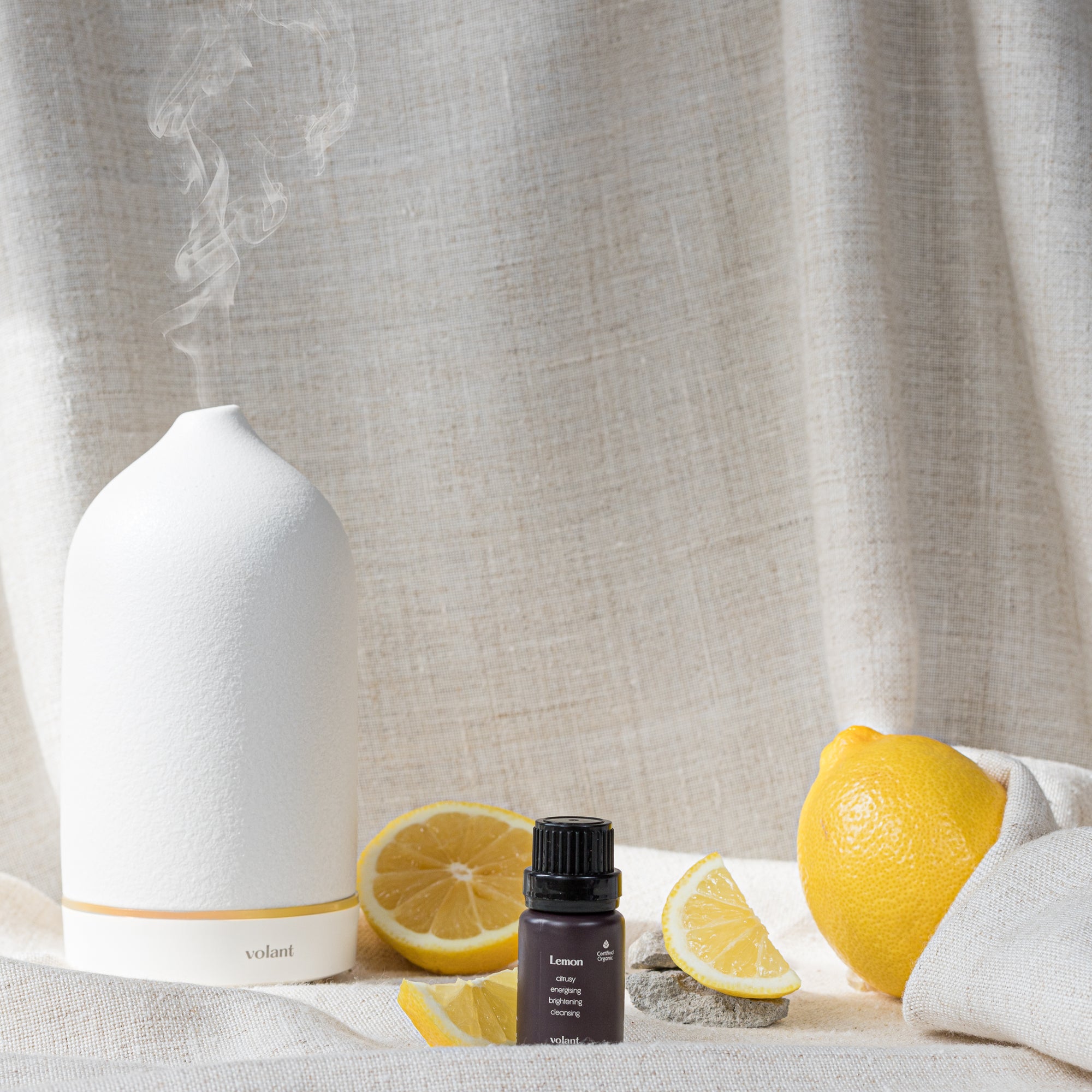 volant white diffuser using organic lemon essential oil to boost your mood