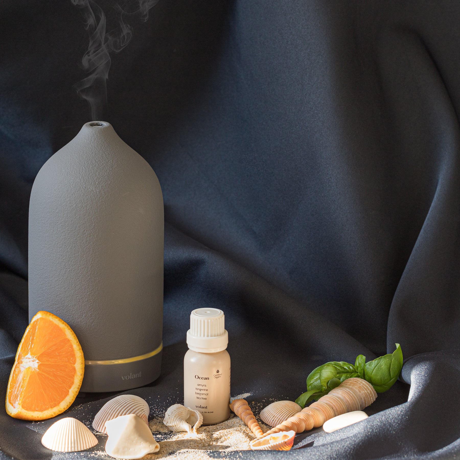 volant grey diffuser using ocean essential oil blend made with pure Amyris, Tangerine, Tea Tree, and Bergamot