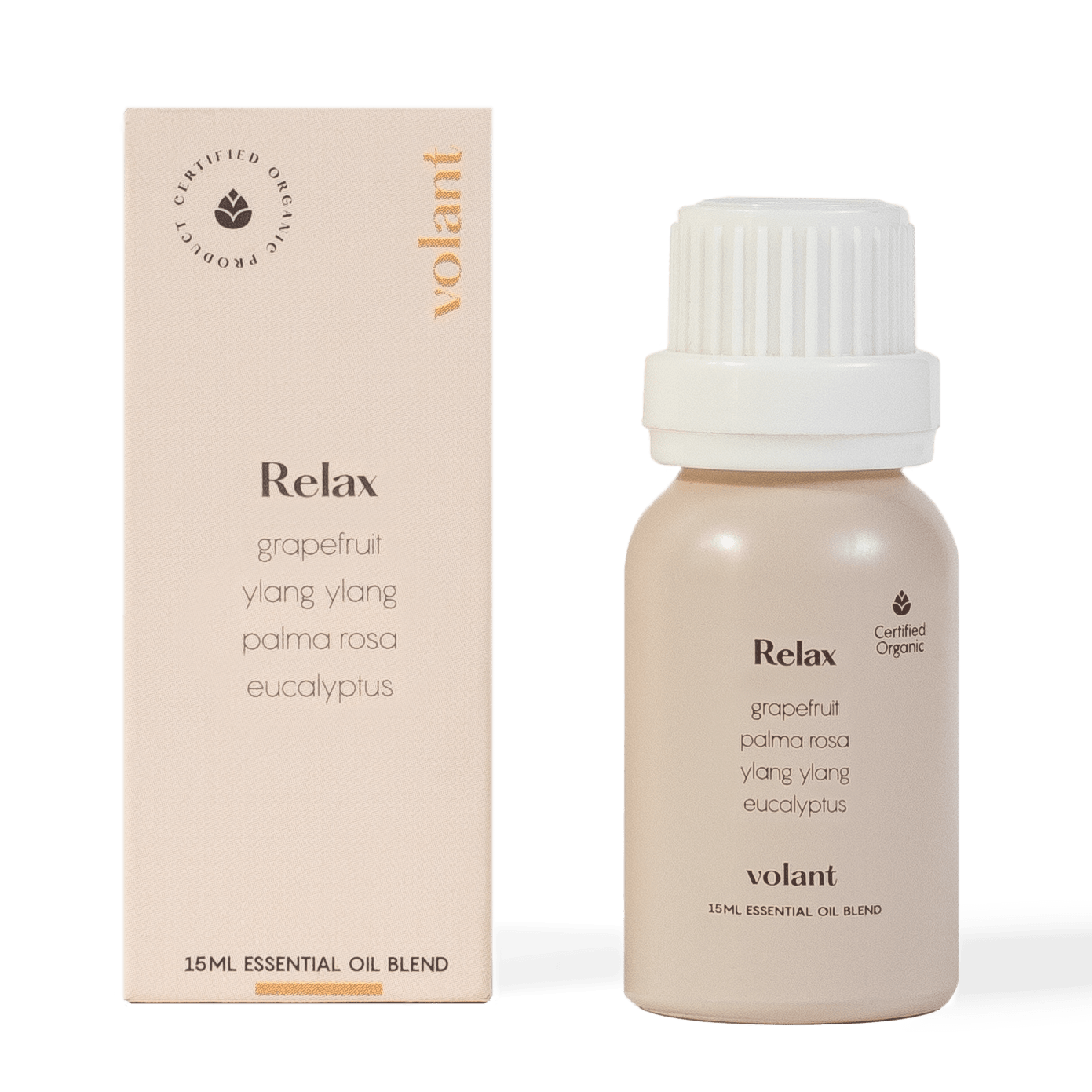 volant relax essential oil blend bottle packaging made of pure Palma Rosa, Ylang Ylang, Eucalyptus, and Grapefruit