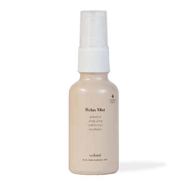 volant relax mist bottle. A calming blend created from the essential oils; palma rosa, ylang ylang, eucalyptus and grapefruit.