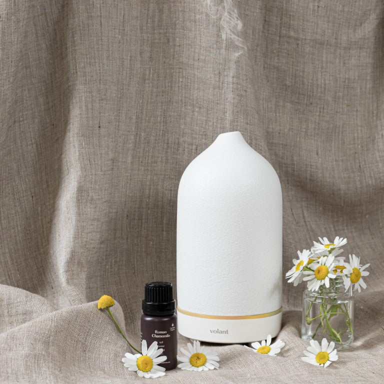 volant white diffuser using organic roman chamomile essential oil with calming and relaxation effect