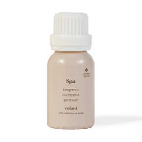 volant spa essential oil blend bottle. Made with pure Eucalyptus, Geranium, and Bergamot it recreates the calming and refreshing spa feeling.