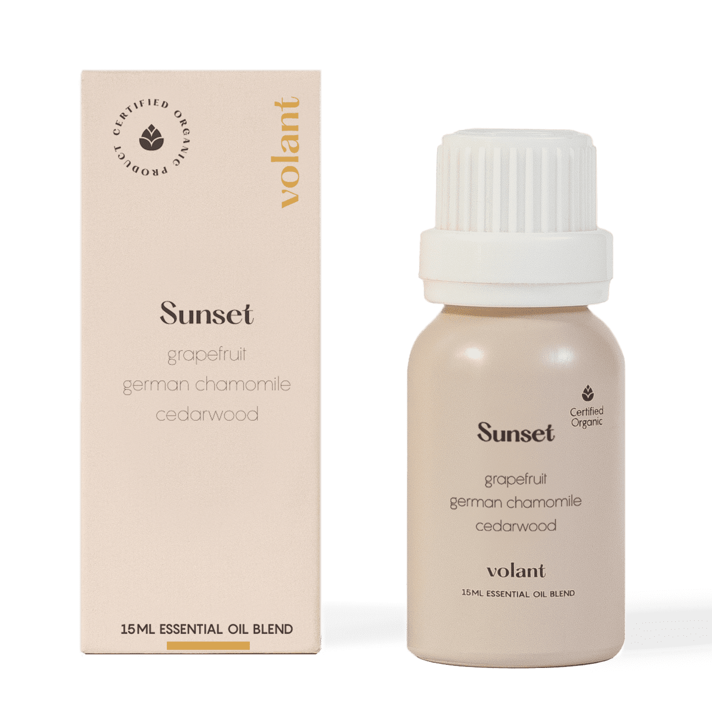 volant sunset essential oil blend bottle packaging. Made from pure Cedarwood, German Chamomile and Grapefruit, it is inspired by dreaming, sunsets, and refreshing breezes. 