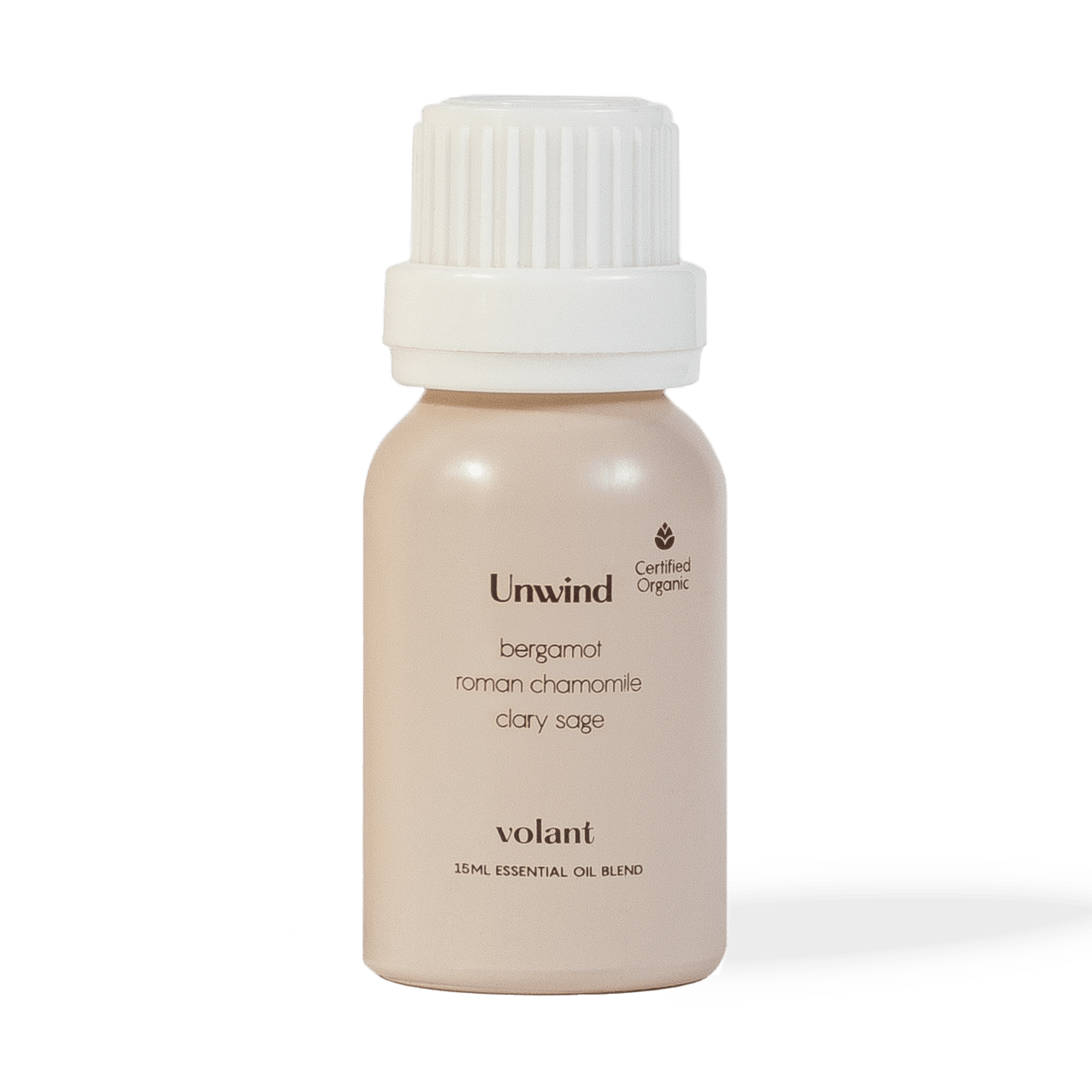 volant unwind essential oil blend bottle. This is a mix of Clary Sage, Roman Chamomile, and Bergamot is perfect for the end of a busy stressful day.