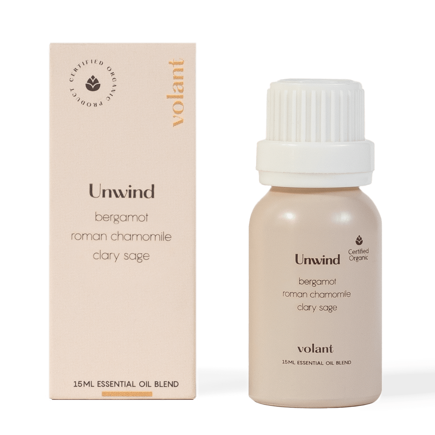volant unwind essential oil blend bottle packaging. This is a mix of Clary Sage, Roman Chamomile, and Bergamot is perfect for the end of a busy stressful day.