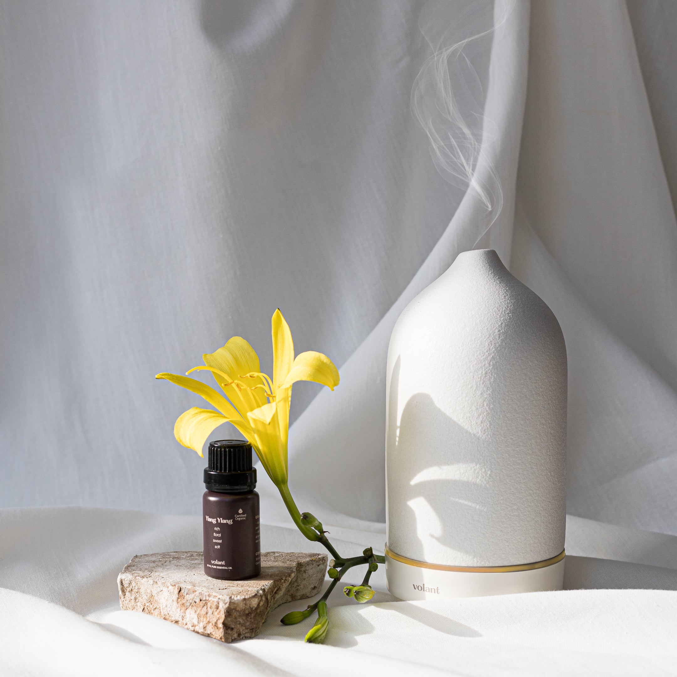 volant white diffuser using organic ylang ylang essential oil for stress and relaxation