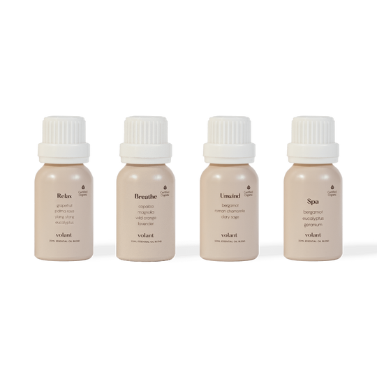 volant relaxing set bottles. Filled with our top calming essential oils. Relax, Breathe, Unwind and Spa